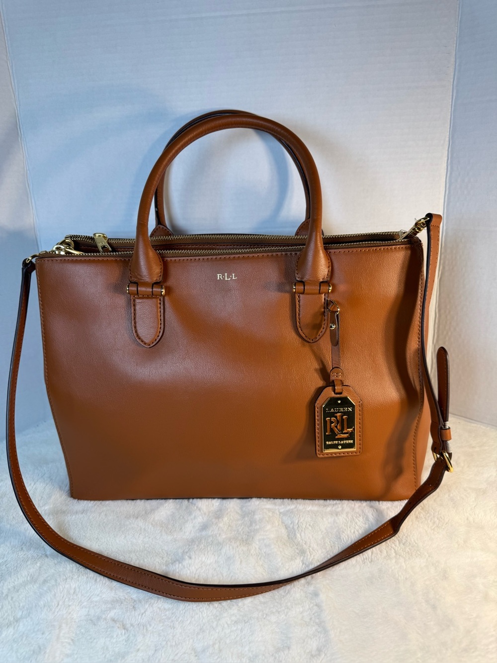 Ralph Lauren Cognac Leather Satchel with Shoulder Strap